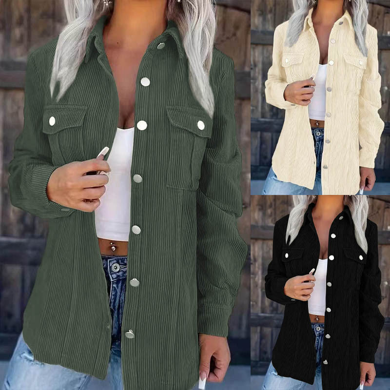Women's Longline Cord Shirt Jacket with Chest Flaps and Snap Button Placket Mune Fashion