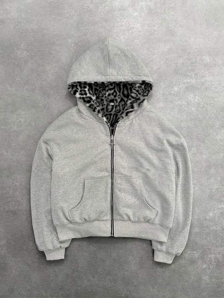 Unisex hooded sweatshirt jacket with faux fur lining, cropped cut and cross zipper Mune Fashion