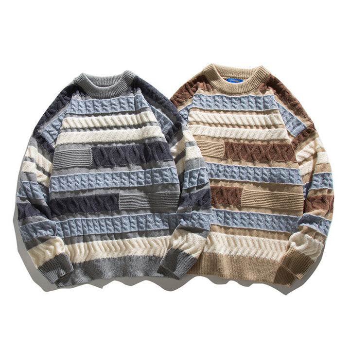 Unisex Oversize Chunky Knit Sweater with Structured Block Stripe Look and Round Neck