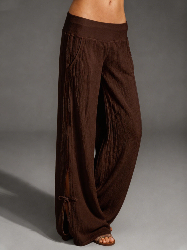 Ladies Lightweight Linen Pants with Wide Leg and Elastic Waistband Mune Fashion