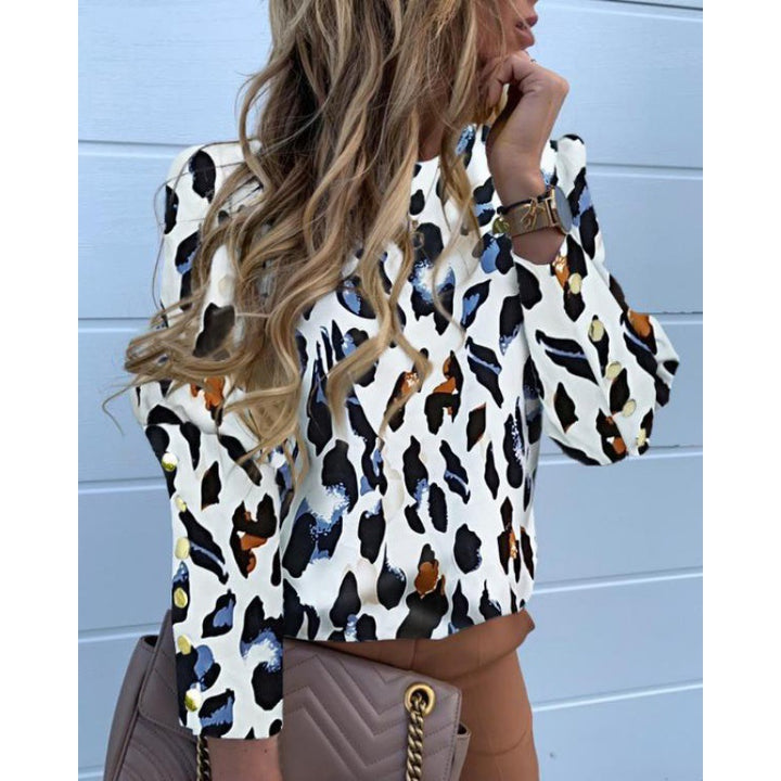 Women's Lightweight Blouse with Leopard Print, Balloon Sleeves and Decorative Button Placket Mune Fashion