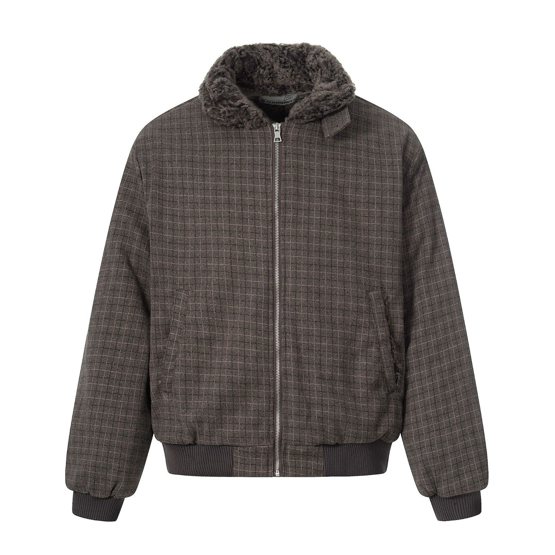 Men's Short Boxy Blouson in Wool Blend with Teddy Collar and Check Quilting Mune Fashion