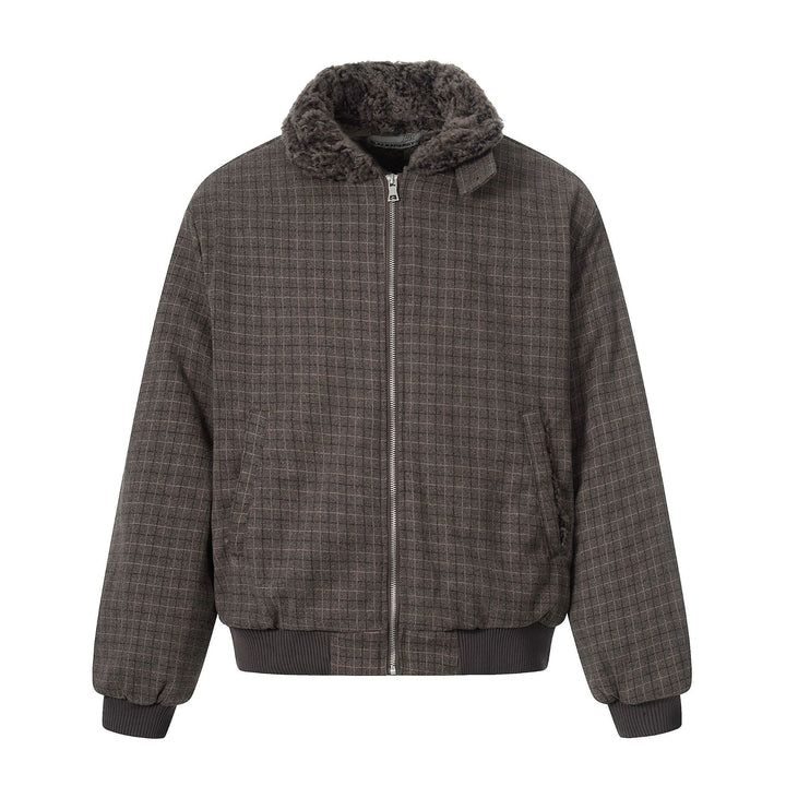Men's Short Boxy Blouson in Wool Blend with Teddy Collar and Check Quilting Mune Fashion
