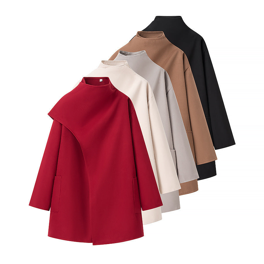 Women Asymmetrical Wool Blend Coat with Cape Overlay and Stand Collar Mune Fashion