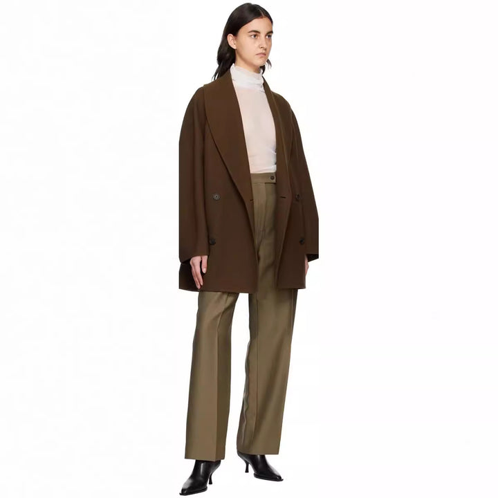 Women Short Cut Oversized Double Breasted Wool Blend Coat with Round Shawl Collar Mune Fashion