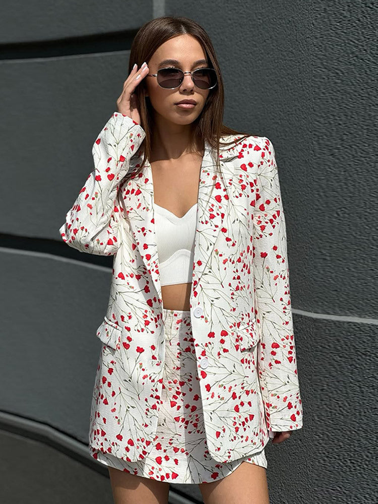 Women Floral Blazer and Mini Skirt Set made of textured Cotton Blend Mune Fashion