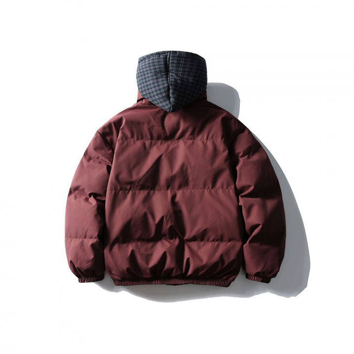 Unisex Padded Puffer Jacket in Boxy Cut with Checkered Insert Hood and High Stand-Up Collar Mune Fashion