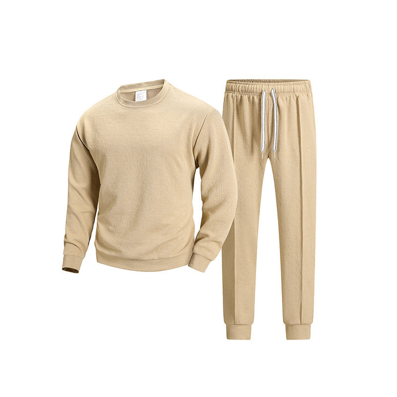 Men's Comfortable Waffle Knit Lounge Set with Crewneck Sweatshirt and Elastic Jogging Pants Mune Fashion