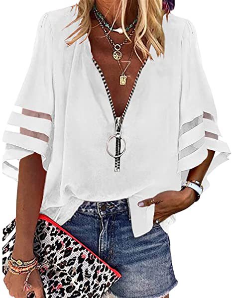 Women V-neck blouse with decorative ring zipper and cut-out sleeves Mune Fashion