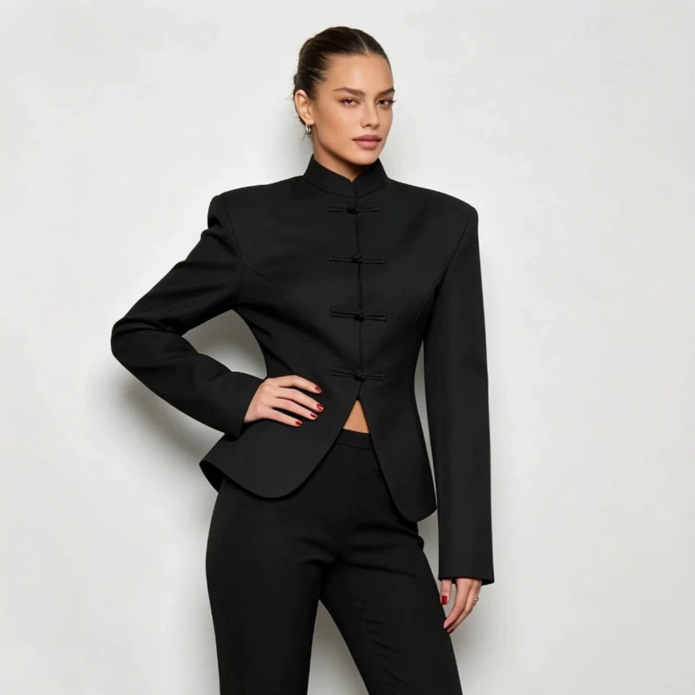 Women's Sculpted Blazer with Stand Collar, Decorative Knot Closures and Tailored Silhouette Mune Fashion