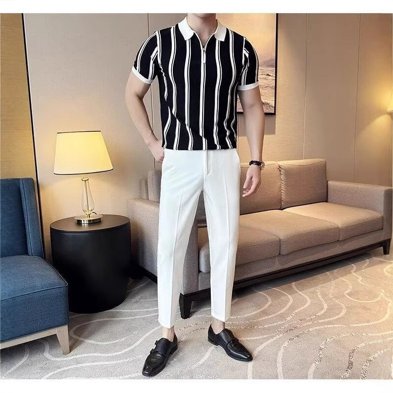 Men's sporty polo shirt with zipper and stripes Mune Fashion