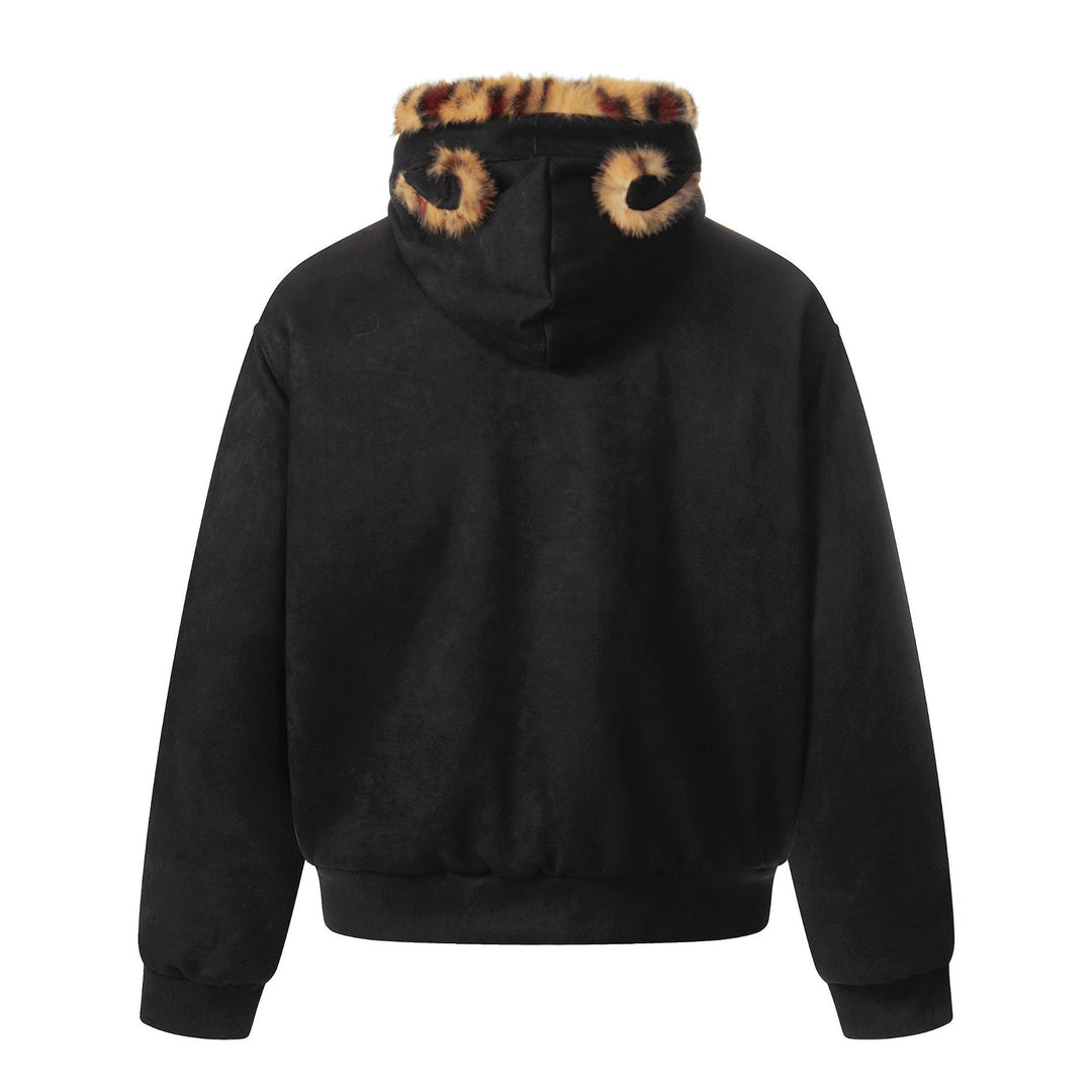 Women's Cozy Velvet Bomber with Leopard-Lined Collar and Elastic Hem