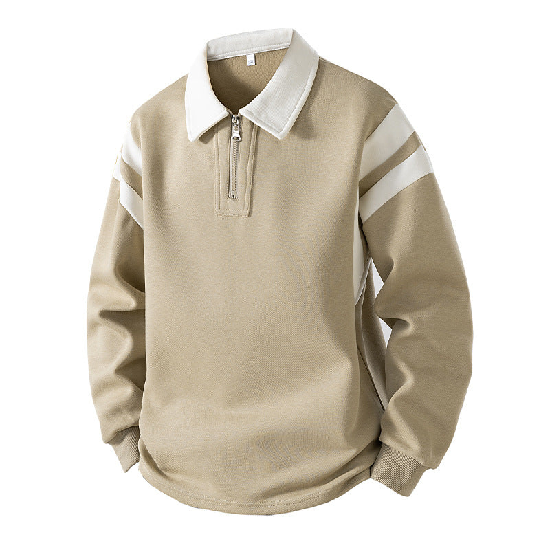 Men's Retro Sporty Rugby Pullovers with Half High Zipper and Contrasting Shirt Collar Mune Fashion