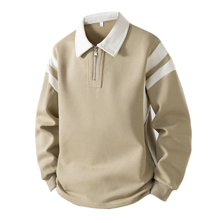 Men's Retro Sporty Rugby Pullovers with Half High Zipper and Contrasting Shirt Collar Mune Fashion