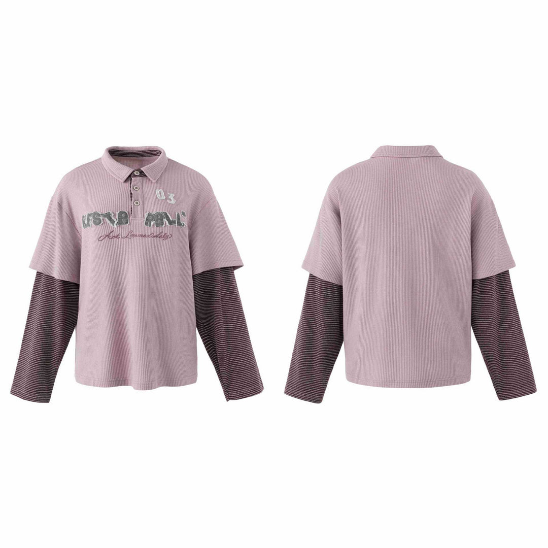 Women's Casual Layered Polo Shirt with Ribbed Texture and Striped Insert Sleeves Mune Fashion