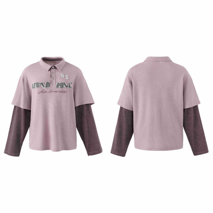 Women's Casual Layered Polo Shirt with Ribbed Texture and Striped Insert Sleeves Mune Fashion