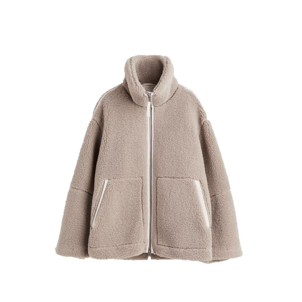 Women's Boxy Teddy Fleece Jacket with Stand-Up Collar, Two-Way Zipper and Patch Pockets Mune Fashion