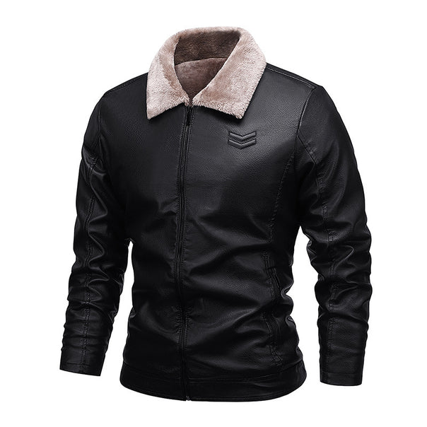 Men's Faux Leather Bomber Jacket with Warming Sherpa Lining and Revere Collar Mune Fashion