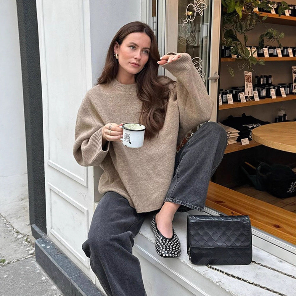 Women Oversized Fine Knit Sweater with Round Neck and Balloon Sleeves Mune Fashion