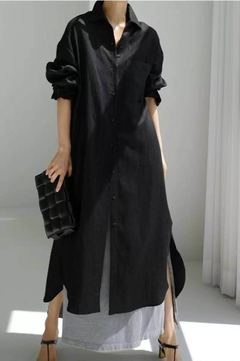 Women's Oversize Linen Maxi Dress with Stand Collar, Roll-Up Sleeves and High Side Slits Mune Fashion