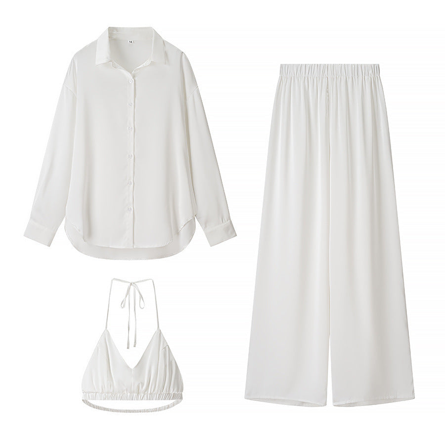 Ladies' elegant three-piece set oversize shirt high waist wide leg trousers and halter crop top Mune Fashion