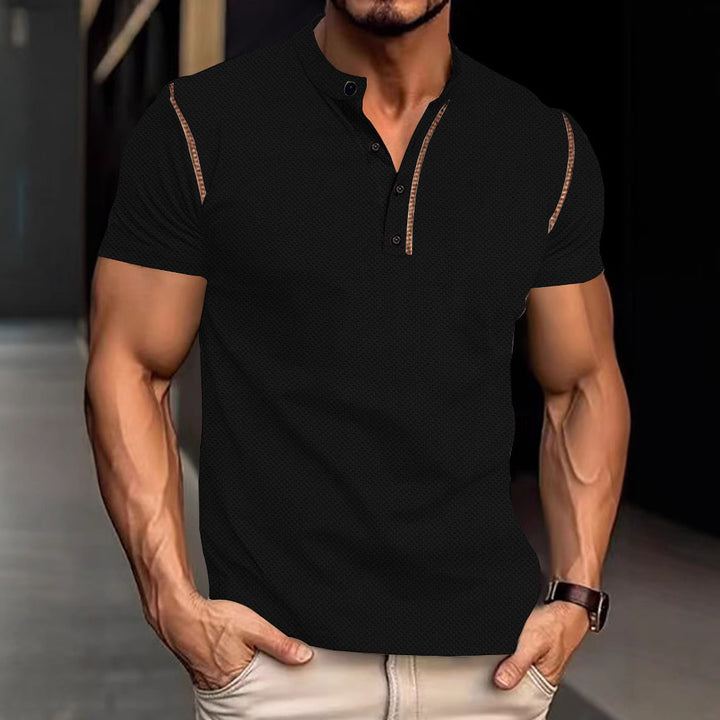 Men's tapered structured polo shirt with stand-up collar and decorative piping Mune Fashion