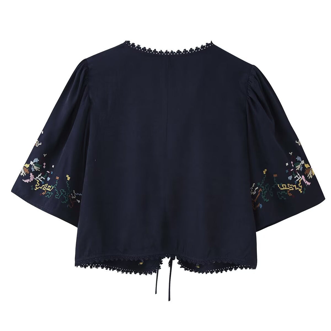 Women's Embroidered Boho Kimono Jacket with Ties and Crochet Trim Mune Fashion