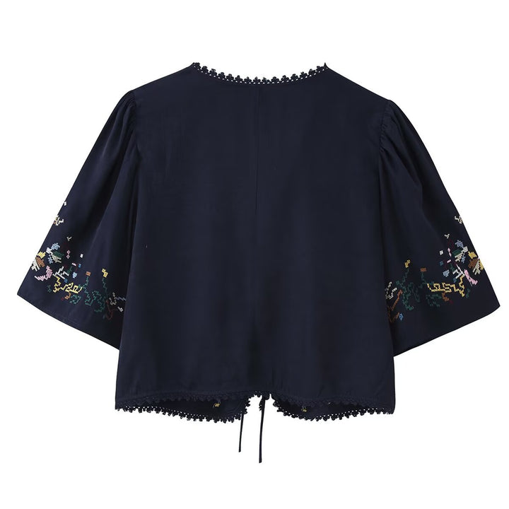 Women's Embroidered Boho Kimono Jacket with Ties and Crochet Trim Mune Fashion