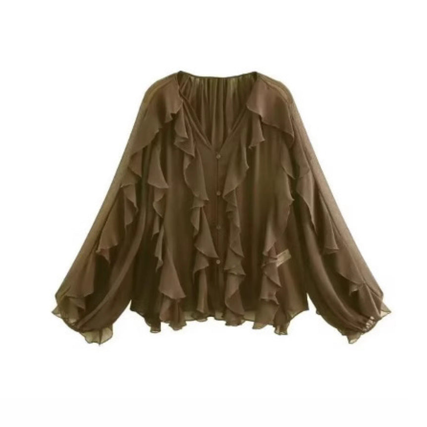 Women's feminine chiffon ruffle blouse with balloon sleeves and V-neck Mune Fashion