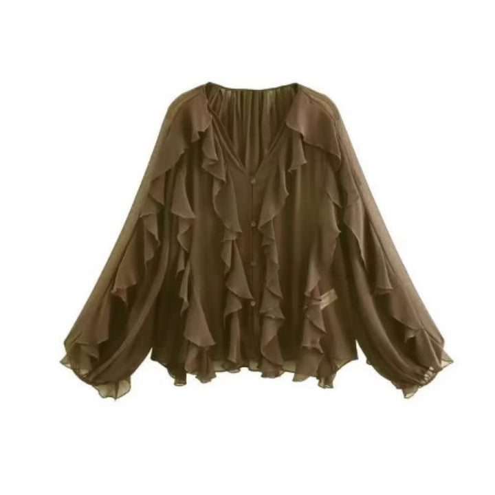 Women's feminine chiffon ruffle blouse with balloon sleeves and V-neck Mune Fashion