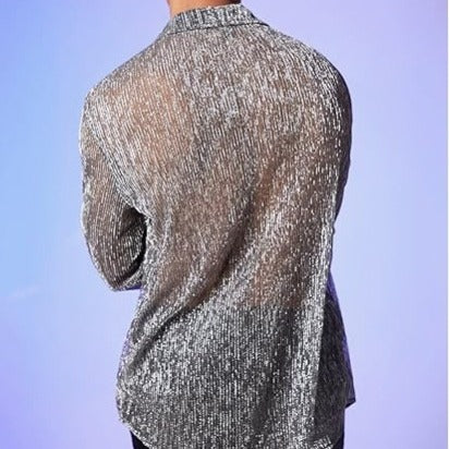 Women shimmering crinkle shirt blouse with viscose look shirt collar and cuffs Mune Fashion