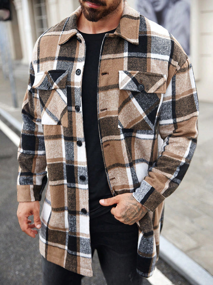 Men's checked longline overshirt with patch chest pockets and button placket Mune Fashion