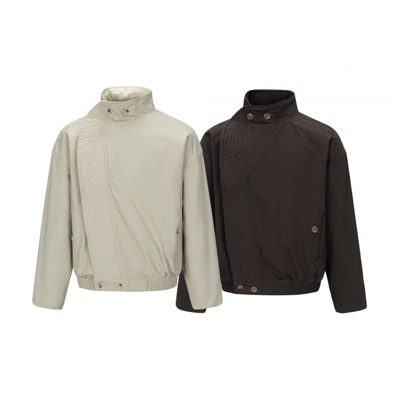 Men's Asymmetric Short Jacket with Stand Collar, Quilted Front Placket and Elastic Hem Mune Fashion