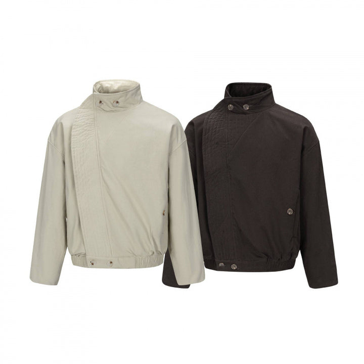 Men's Asymmetric Short Jacket with Stand Collar, Quilted Front Placket and Elastic Hem Mune Fashion