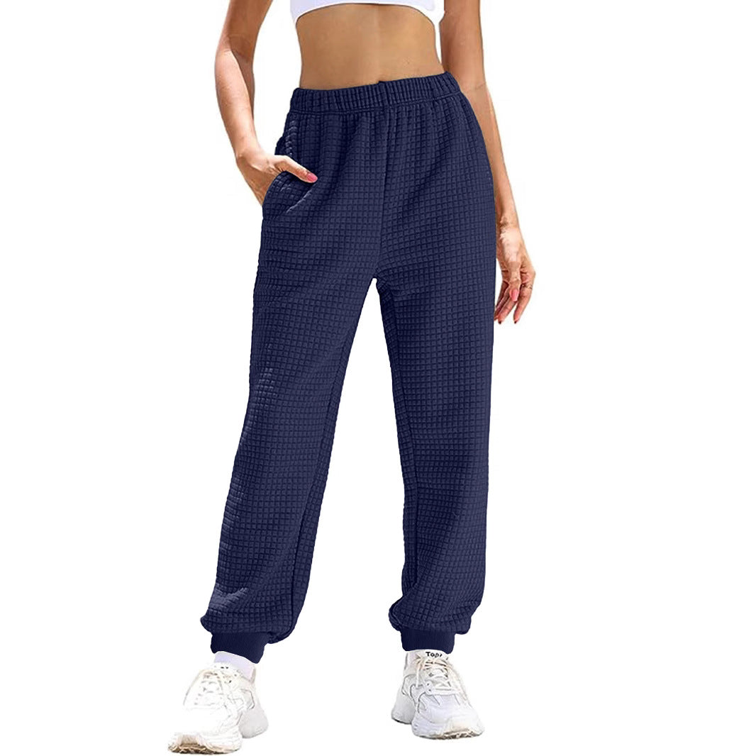 Women's Casual Waffle Knit Lounge Pants with High Elastic Waistband and Cuffs
