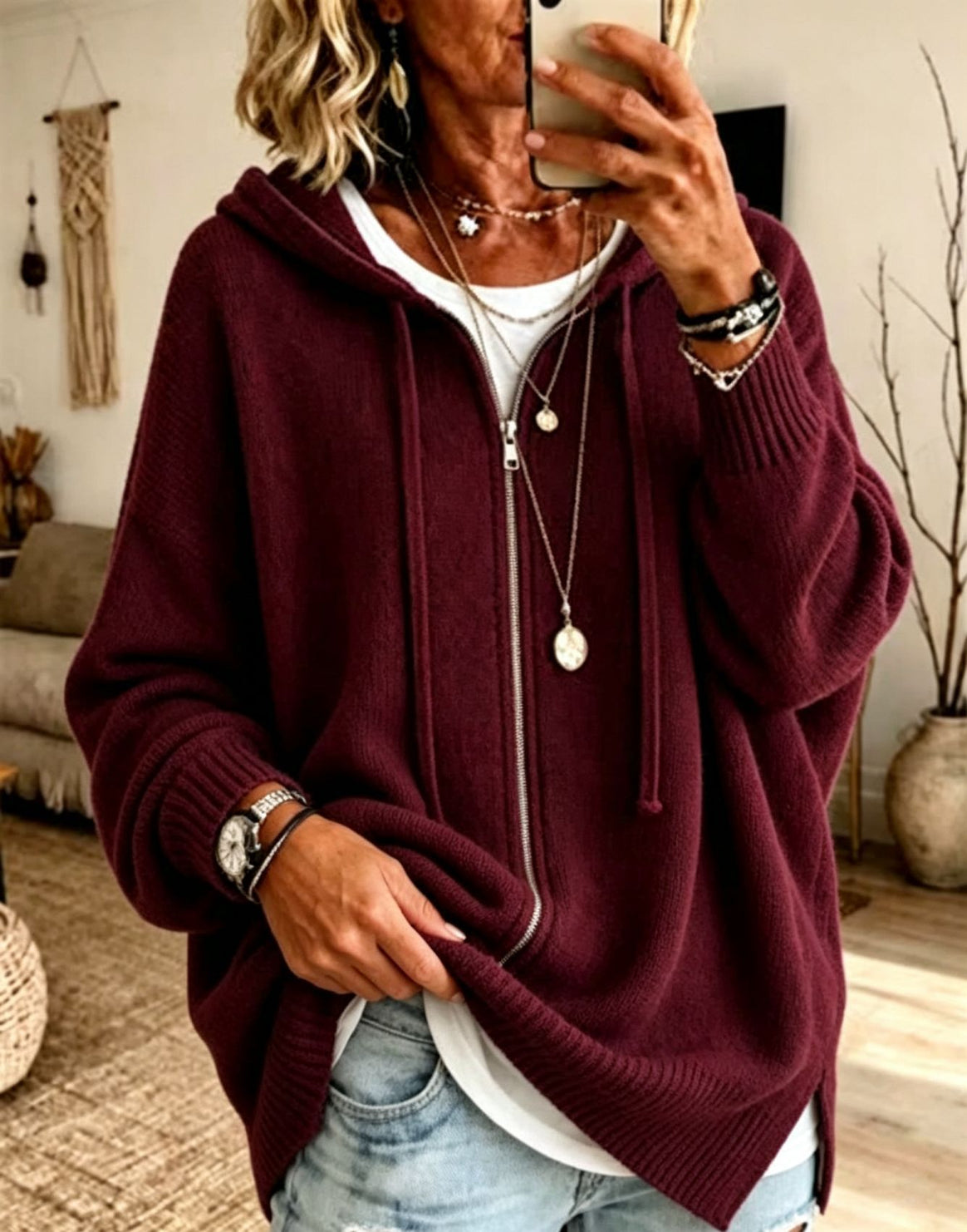 Women's Oversize Hooded Zip Cardigan made of soft fine knit Mune Fashion