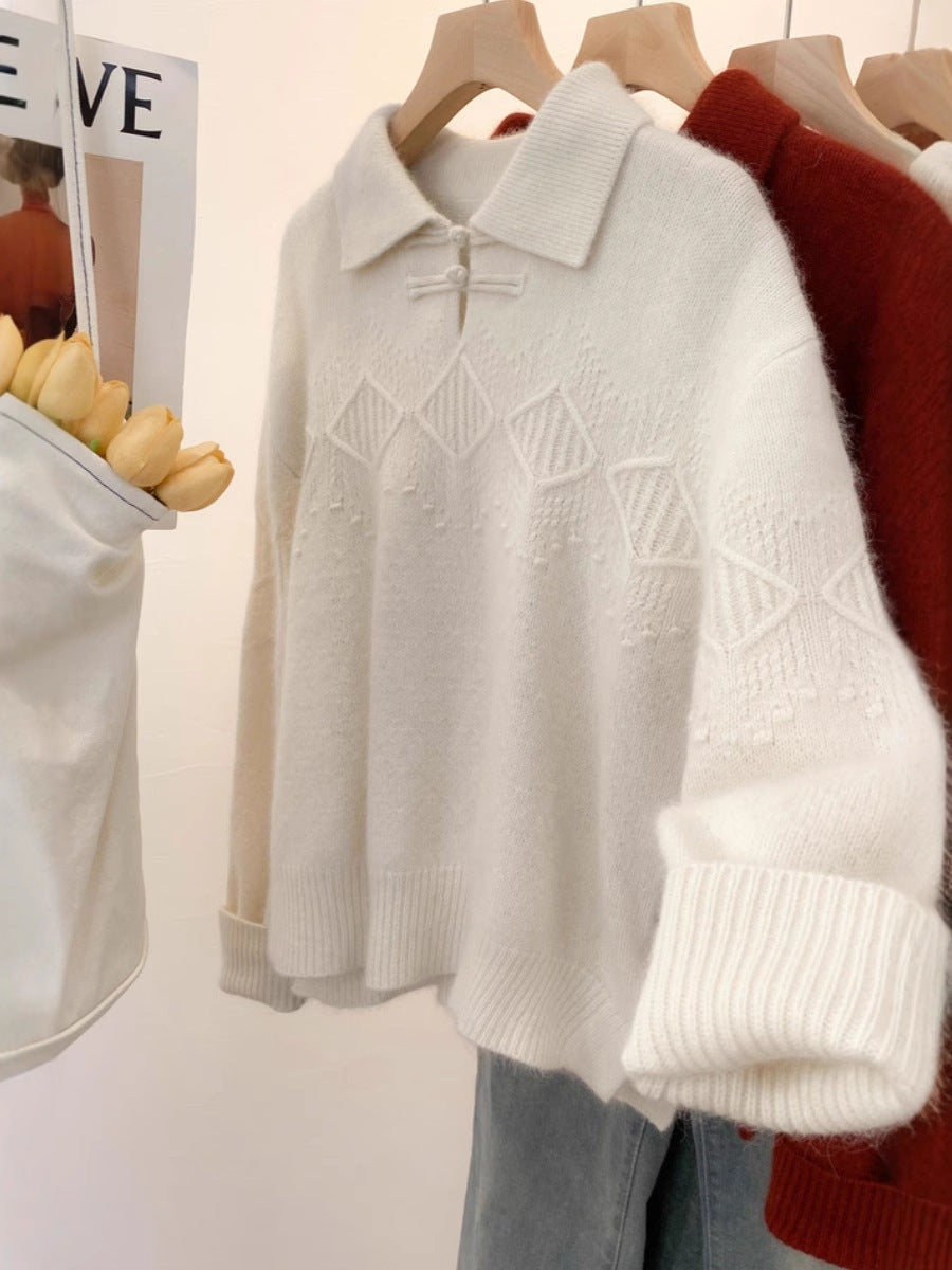 Women’s polo collar pullover in mohair look with ajour cable pattern, dropped shoulder and wide silhouette Mune Fashion