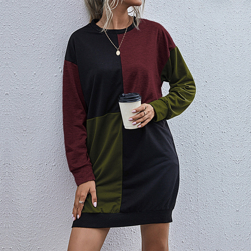 Women's Loose Block Design Sweatshirt Dress with Oversize Fit and Cuffs