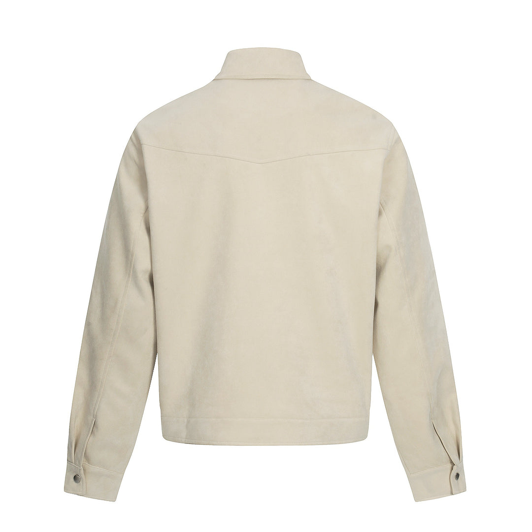 Men's short-cut suede leather blouson with stand-up collar, decorative embroidery, and toggle closure Mune Fashion