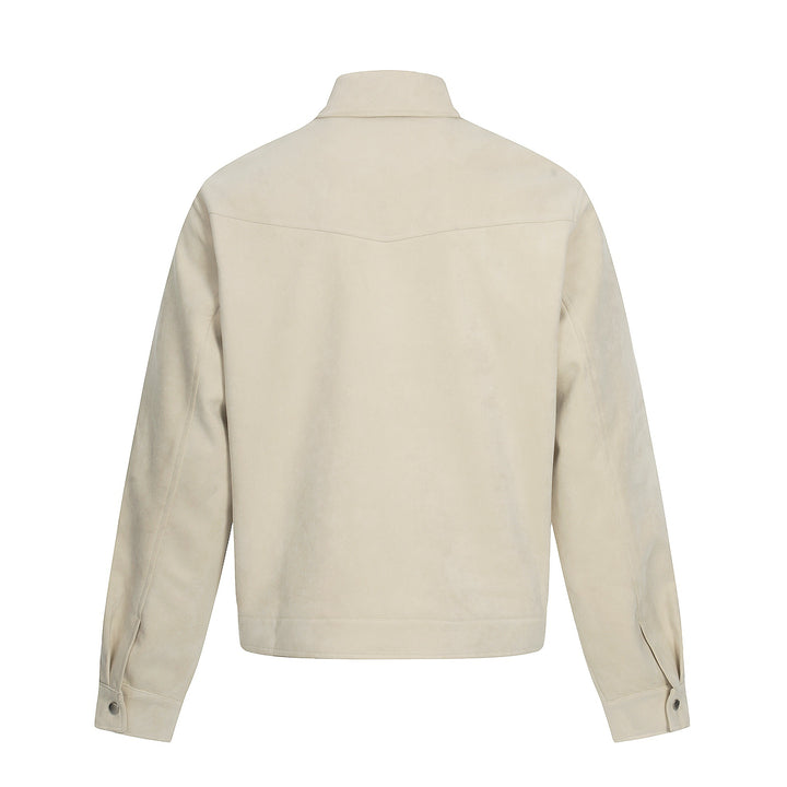 Men's short-cut suede leather blouson with stand-up collar, decorative embroidery, and toggle closure Mune Fashion
