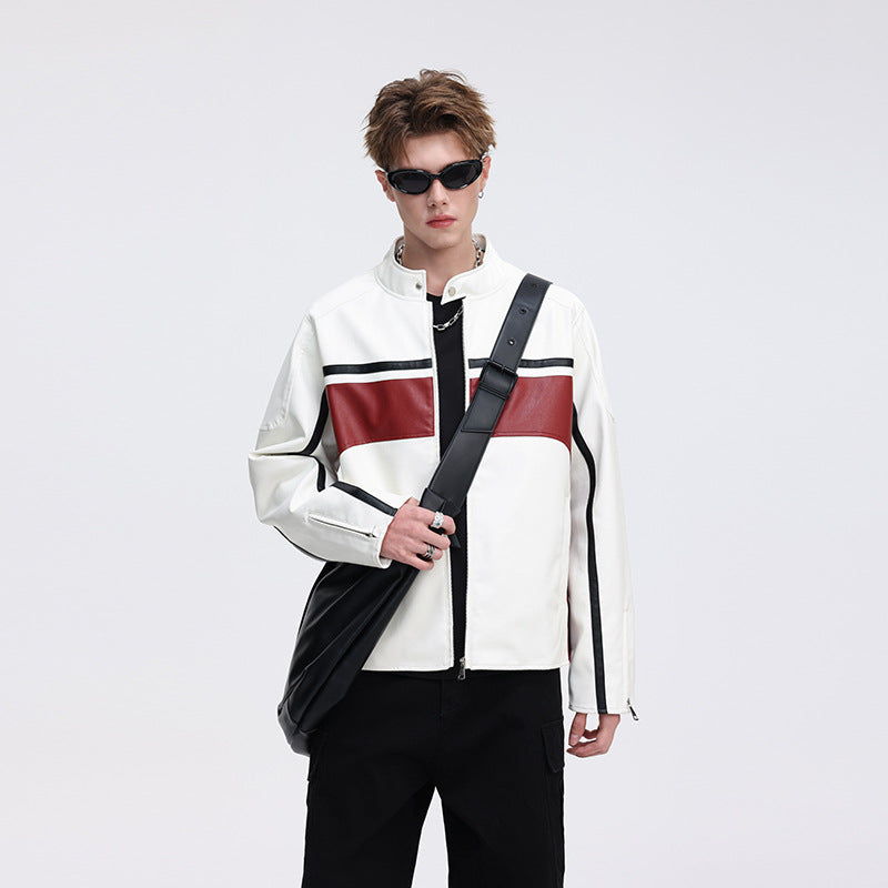 Herren Kunstleder-Bomberjacke mit Stehkragen, farbblockierten Einsätzen und Kontraststreifen Mune Fashion