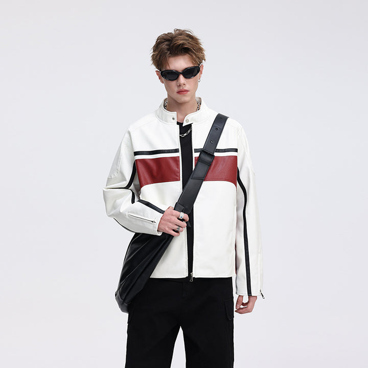 Herren Kunstleder-Bomberjacke mit Stehkragen, farbblockierten Einsätzen und Kontraststreifen Mune Fashion