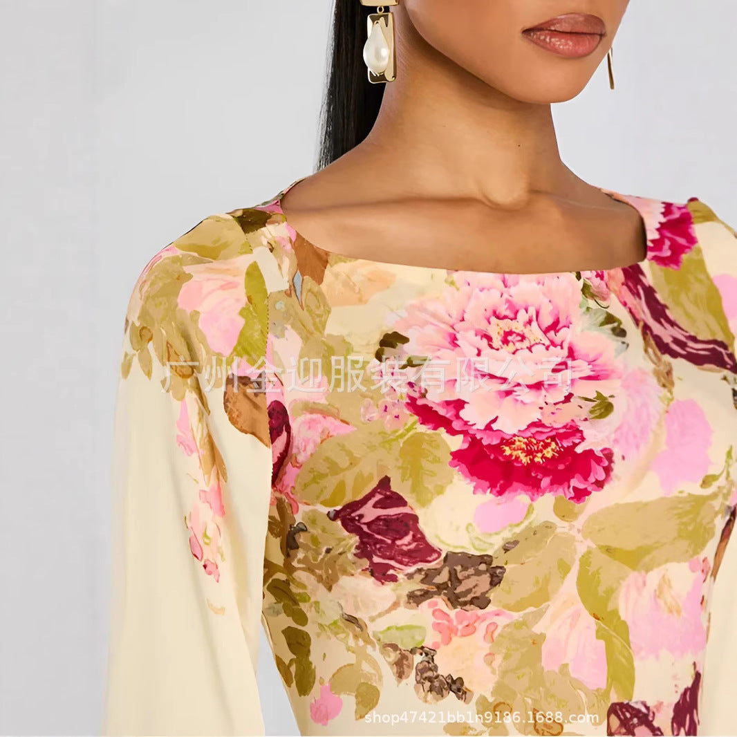 Women's long evening dress with trumpet sleeves and floral pattern Mune Fashion