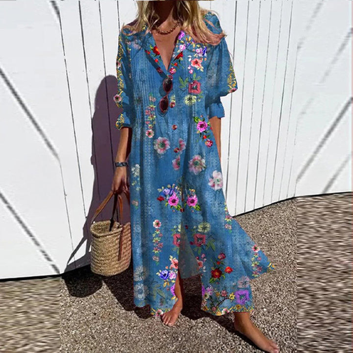 Women Flowing Maxi Dress with Continuous Button Placket V-Neck and Folk Print Mune Fashion