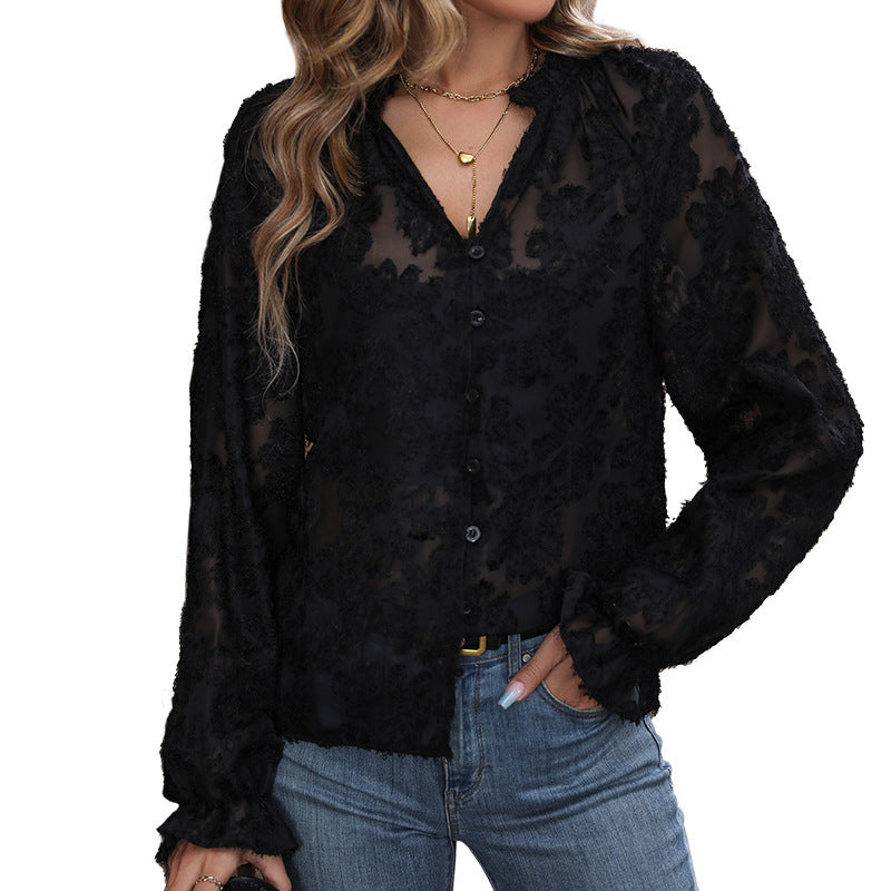 Women Elegant Transparent Blouse with Floral Applications Mune Fashion
