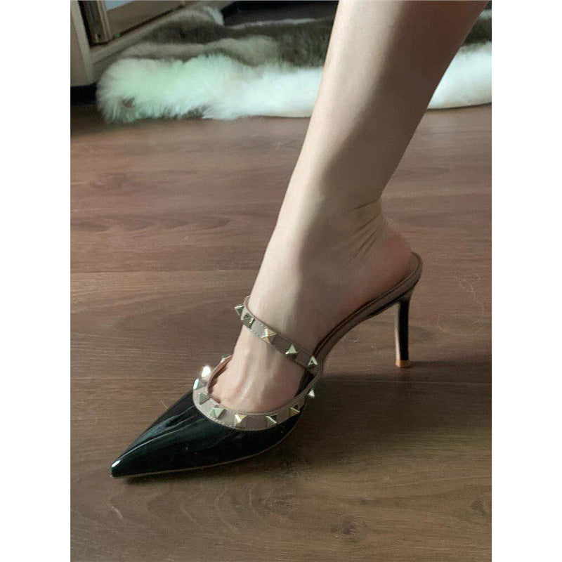 Women's Elegant pointed-toe mules with double studded strap and high stiletto heel Mune Fashion