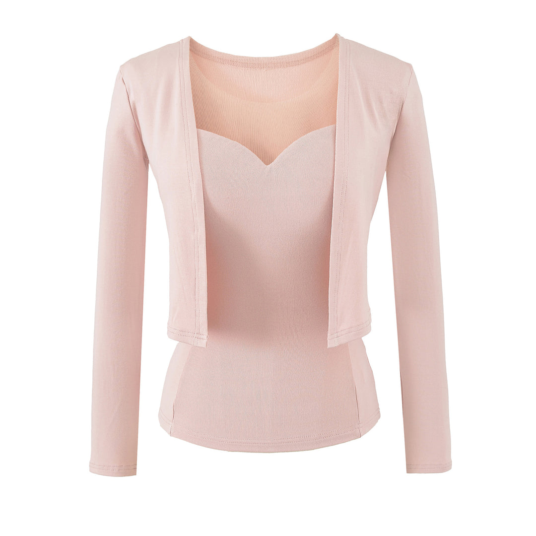 Ladies Two-Piece Fine Knit Top Set with Mesh Insert and Open Cardigan Mune Fashion