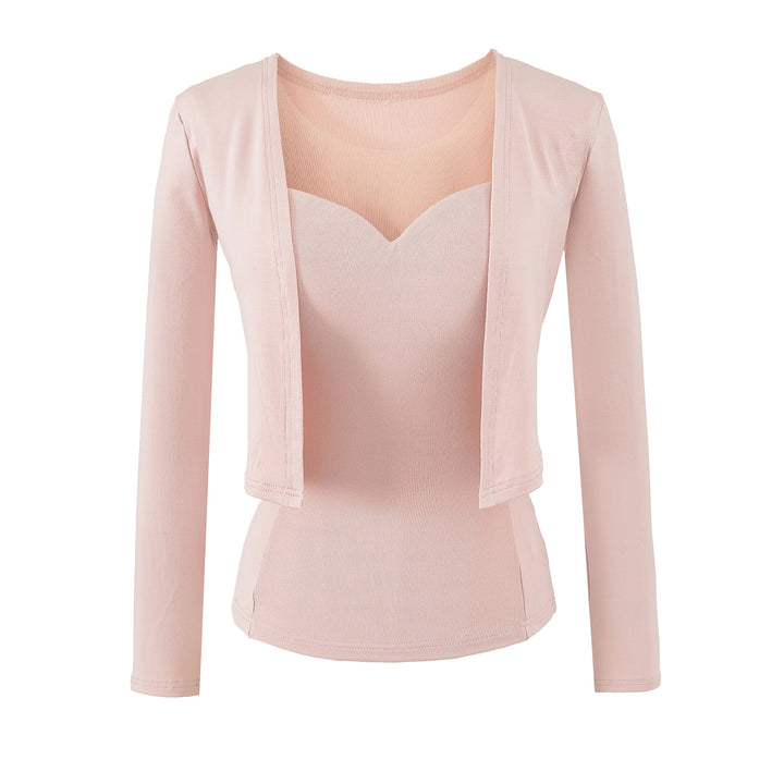 Ladies Two-Piece Fine Knit Top Set with Mesh Insert and Open Cardigan Mune Fashion