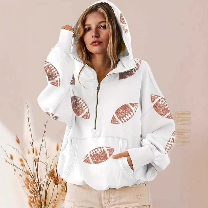 Women's Oversized Hoodie with Half Zipper and Sequin Football Application Mune Fashion