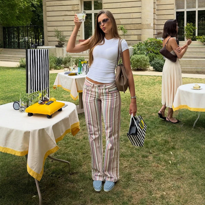 Ladies Striped Linen Trousers with Wide Leg, High Waist and Relaxed Fit Mune Fashion